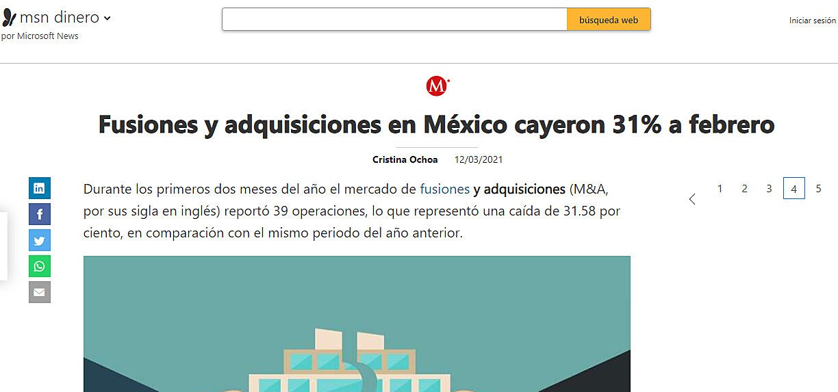 Fusiones y adquisiciones en Mxico cayeron 31% a febrero